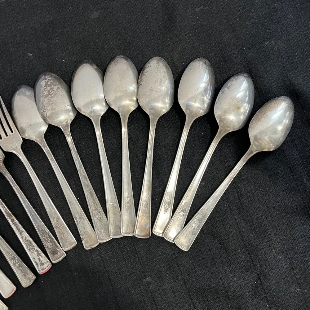 Vintage Camelia Silver‎ Plate 16 Piece Flatware Set 8 Dinner Forks 8 Teaspoons
